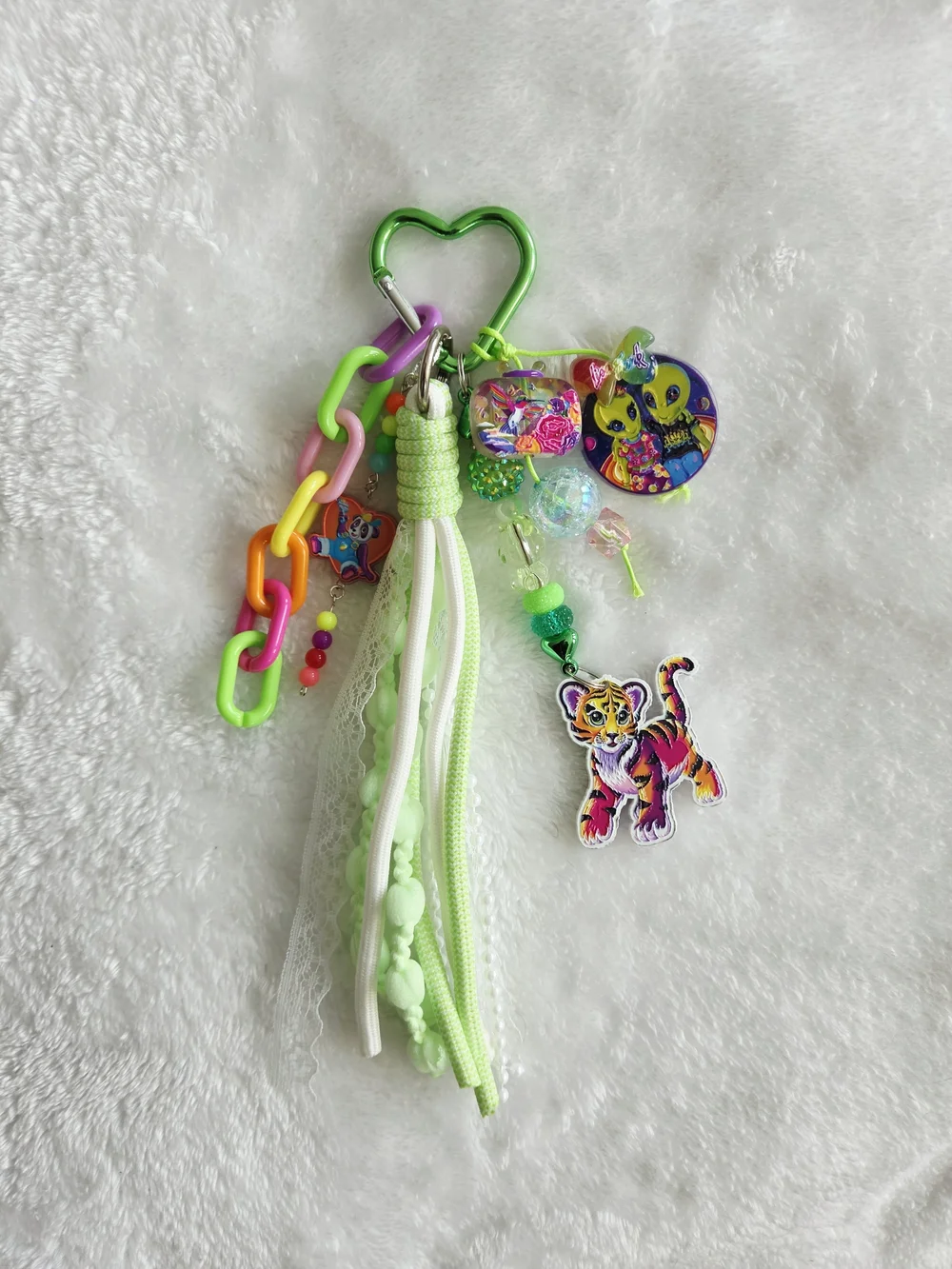 Lisa Frank Keychain 80s 90s Neon Green Tassel Vibrant Bag Charm